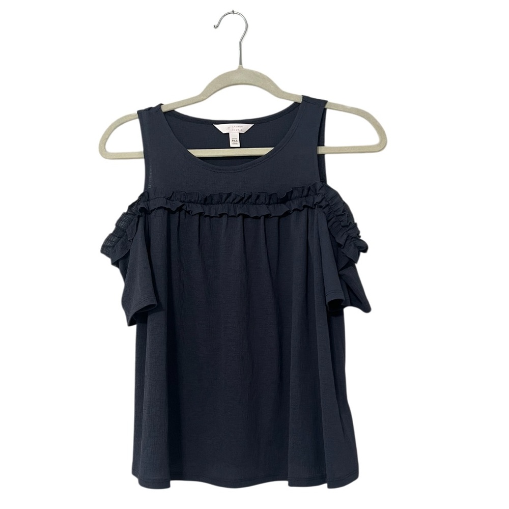 Lauren Conrad Elegant Navy Ruffle Cold Shoulder Top